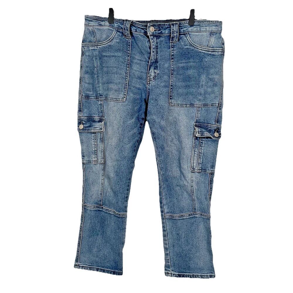 Kancan Jeans Womens 11 / 29 Cargo Jeans Straight Stretch Medium Wash Cropped